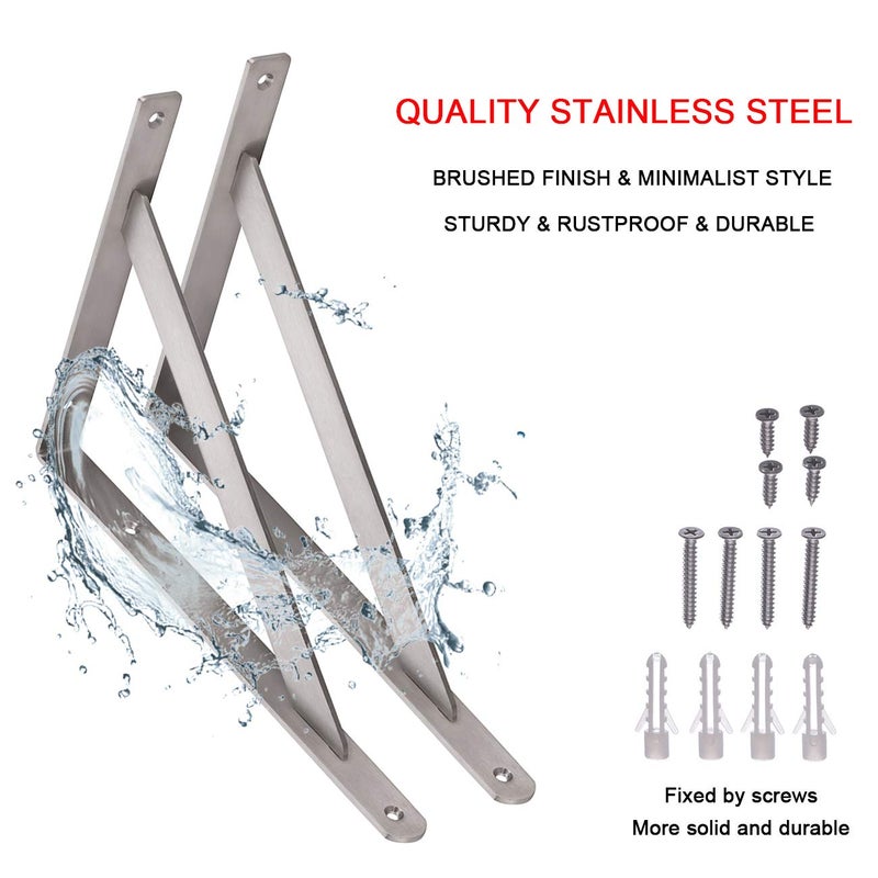 YUMORE 14" Stainless Steel Shelf Bracket, Max Load: 550lb Heavy Duty Solid Shelf Support Corner Brace Joint Right Angle Bracket, Pack of 2 - Image 5